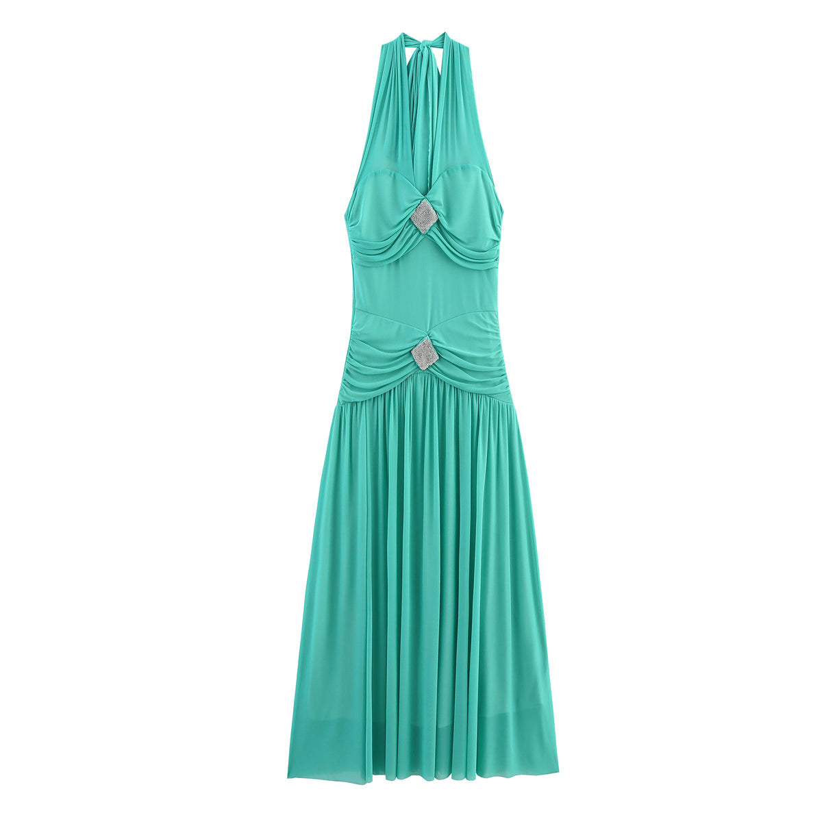 Summer Women Clothing High Elastic Mesh Beads Decoration Large Swing Lace up Halterneck Dress